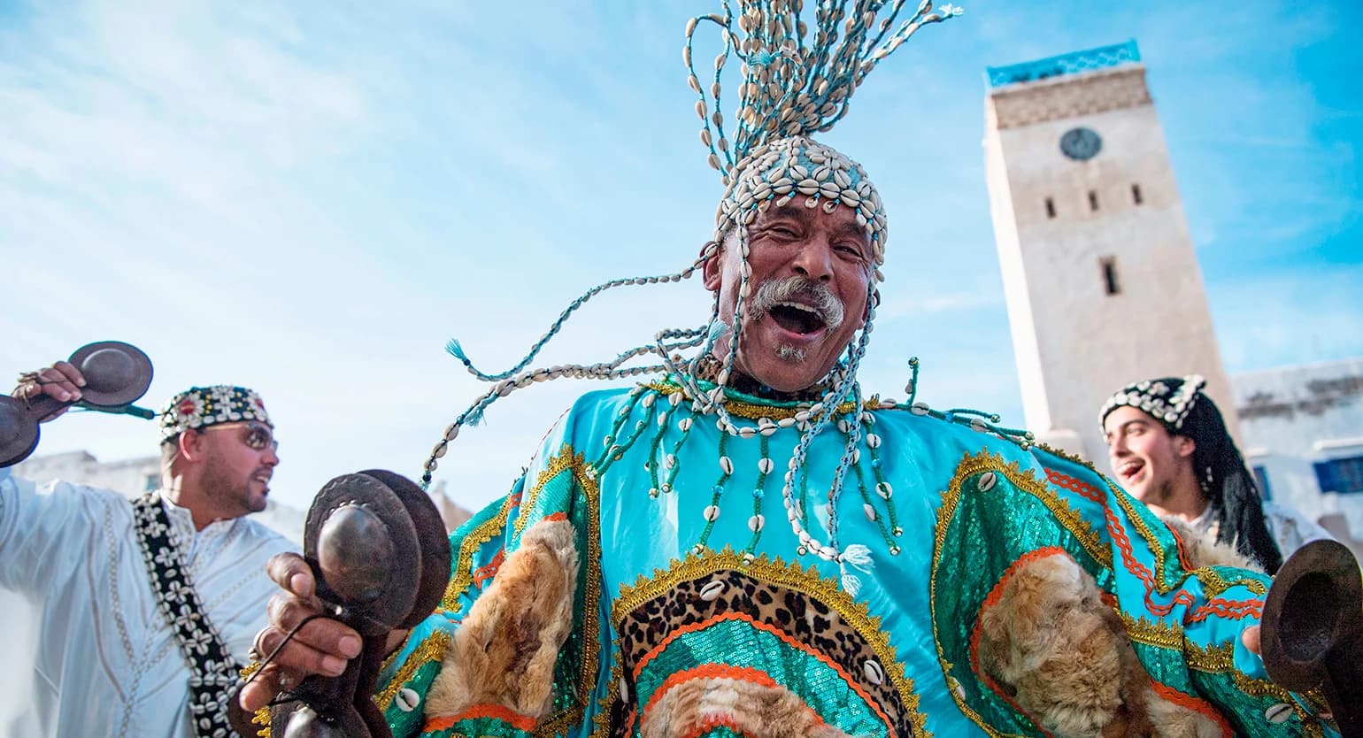 Gnawa musicians performing at a festival in Essaouira