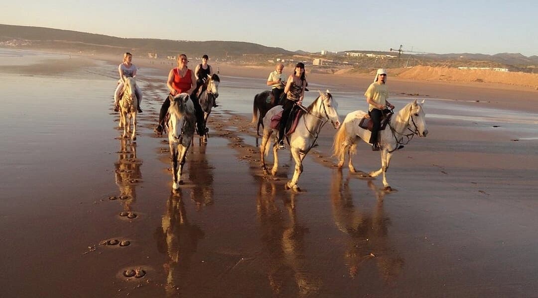 A group of riders on horseback on the wet sand at Agadir beach