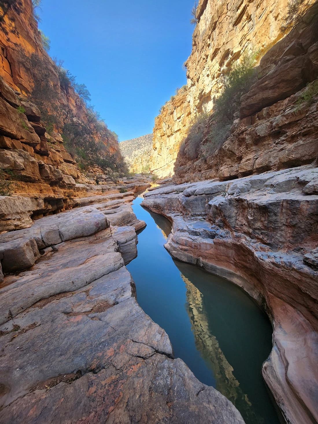 Valley stream below terraced canyon walls