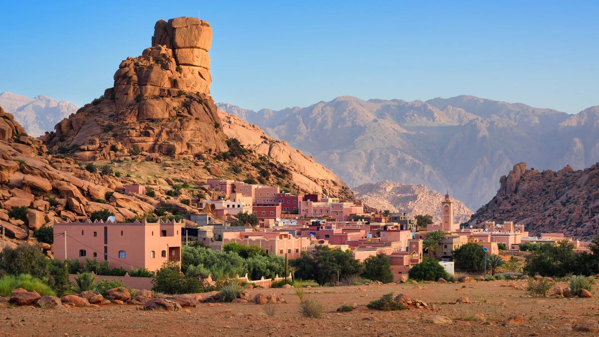 Napoleon's Hat rock towering above the town of Tafraout in the Anti-Atlas