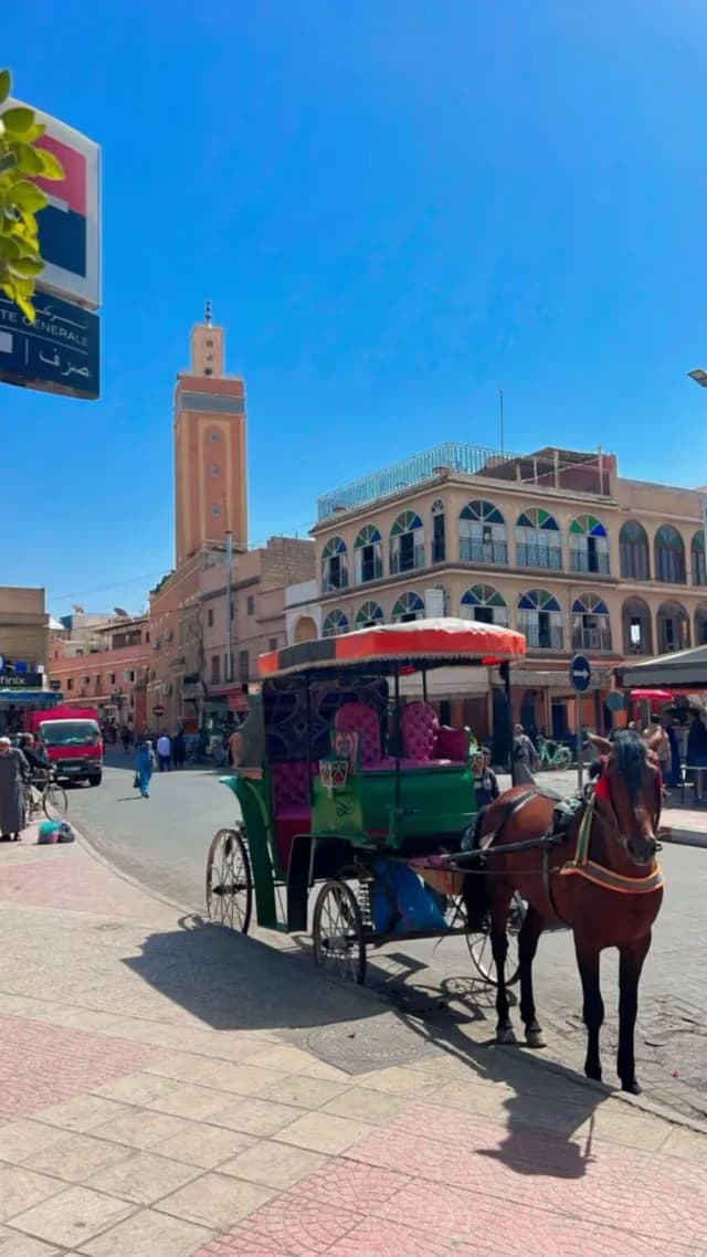 Horse-drawn carriage standing in a street of Taroudant below the minaret